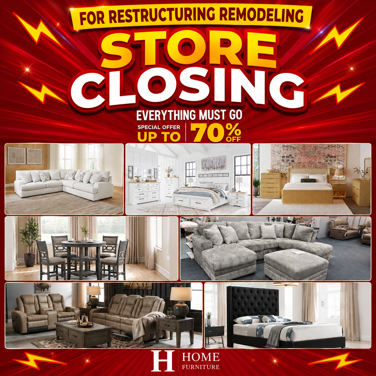 Store closing sale for home furniture with various living room and bedroom sets. Up to 70% off storewide.