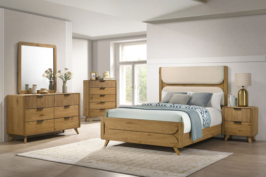 Bennett Full Cream Upholstered 5-Piece Mid-Century Bedroom Set Light Oak