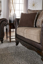 Load image into Gallery viewer, Elmbrook Upholstered Rolled Arm Loveseat with Intricate Wood Carvings Brown
