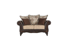 Load image into Gallery viewer, Elmbrook Upholstered Rolled Arm Loveseat with Intricate Wood Carvings Brown
