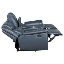 Load image into Gallery viewer, Sloane Upholstered Motion Reclining Loveseat with Console Blue
