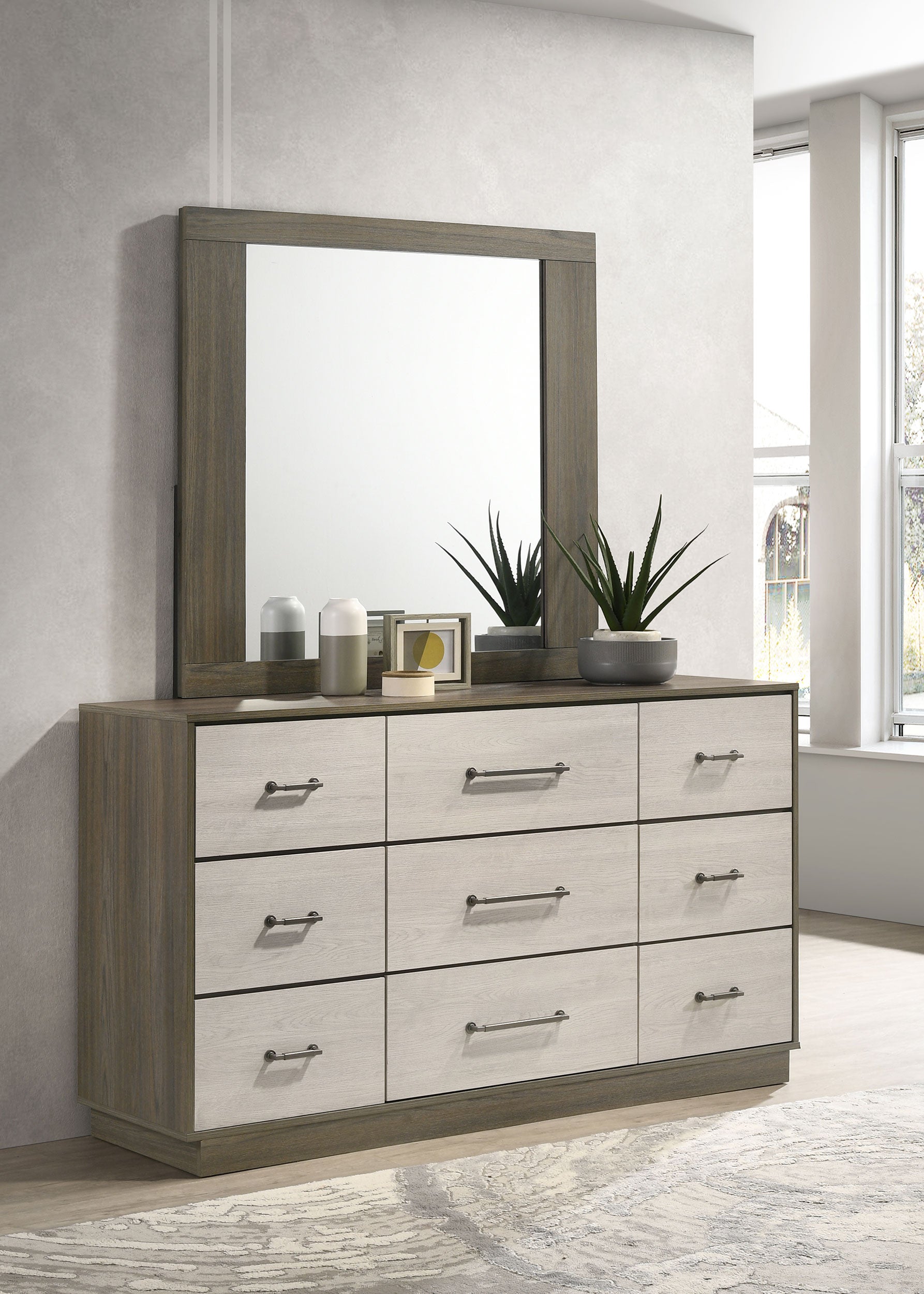 Fenwick 9-Drawer Dresser With Mirror Grey Oak Fenwick 9-Drawer Dresser With Mirror Grey Oak