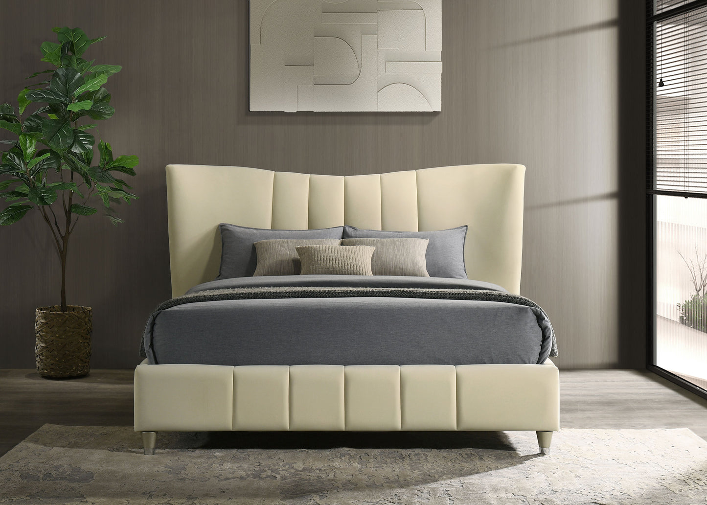 Evelyn Upholstered Queen Panel Platform Bed Ivory