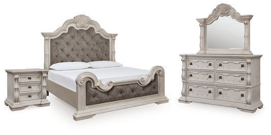 Bruchandi King Upholstered Panel Bed with Mirrored Dresser and Nightstand