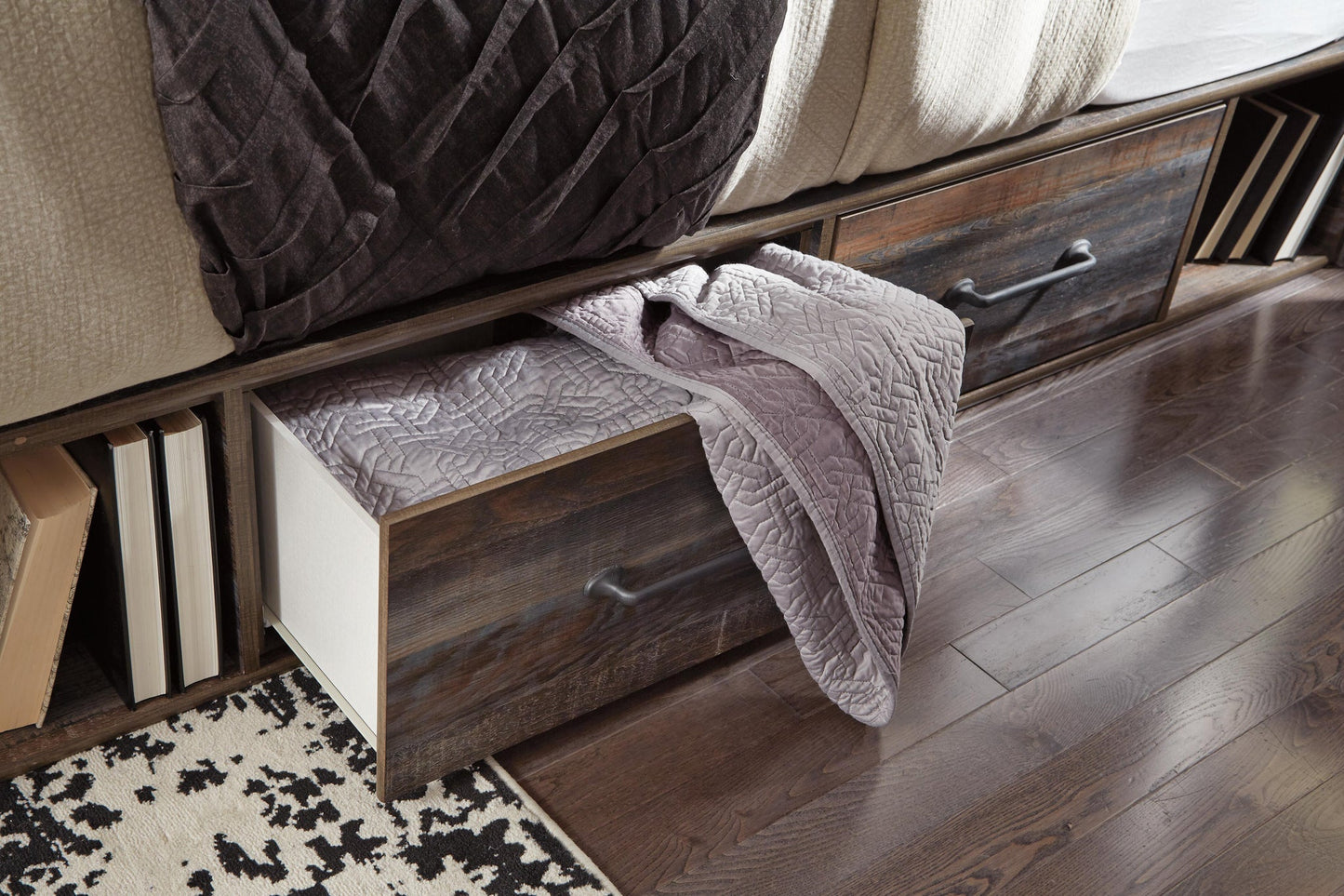 Drystan Queen Panel Bed with 4 Storage Drawers, Dresser, Mirror, Chest and Nightstand