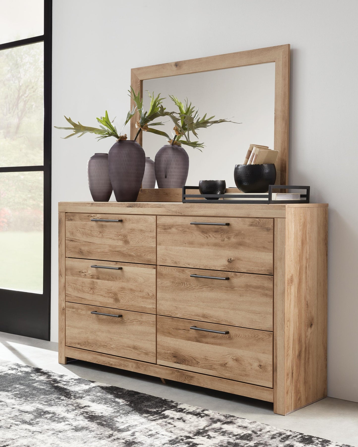 Hyanna Queen Panel Bed with 2 Side Storage, Dresser, Mirror, Chest and Nightstand