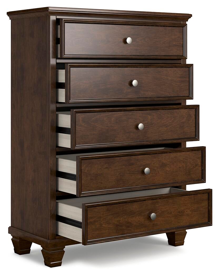 Danabrin California King Panel Bed with Mirrored Dresser, Chest and Nightstand
