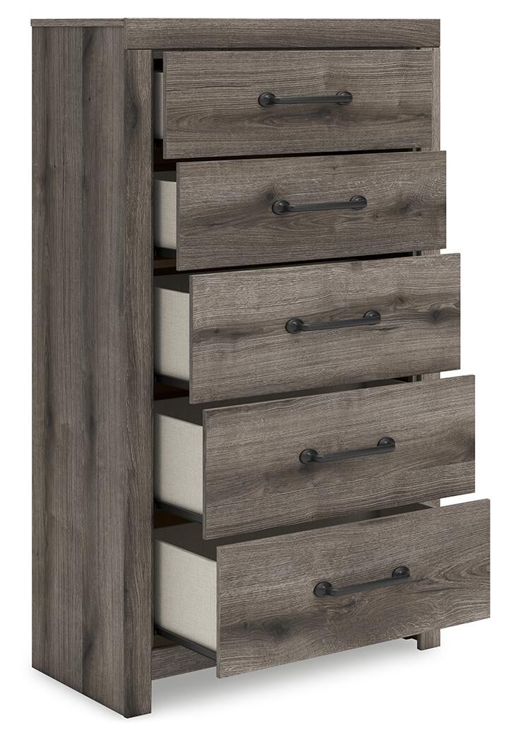 Graystorm Full Panel Bed with Storage, Dresser, Mirror, Chest and Nightstand