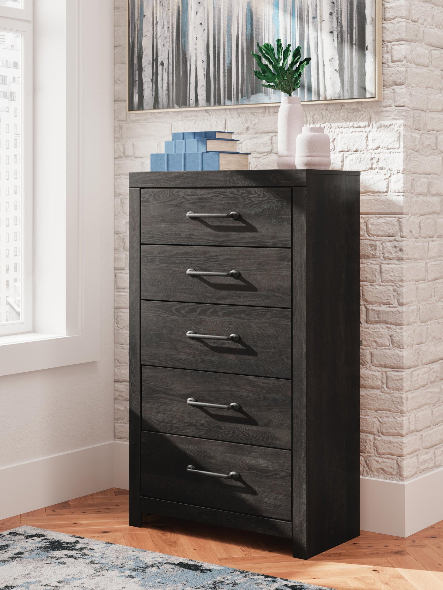 Hollivern Twin Panel Bed with Storage, Dresser, Mirror, Chest and Nightstand