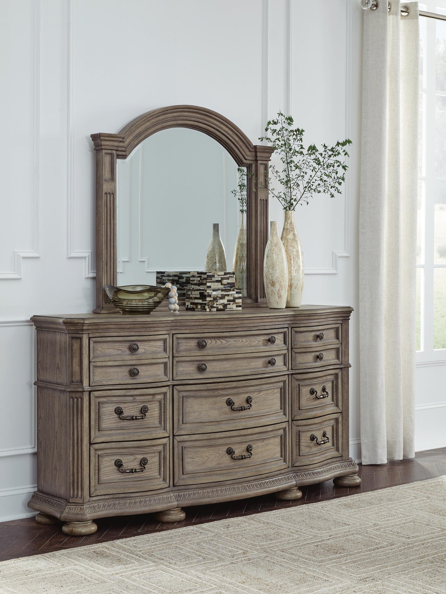 Ardenfield Queen Upholstered Sleigh Bed, Dresser, Mirror and Nightstand