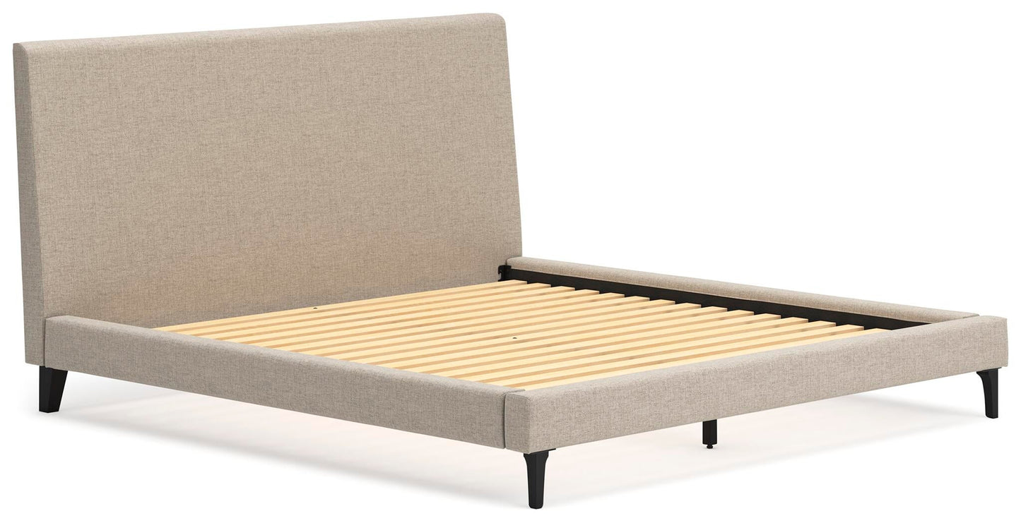 Cielden King Upholstered Bed with Roll Slats, Dresser and Mirror