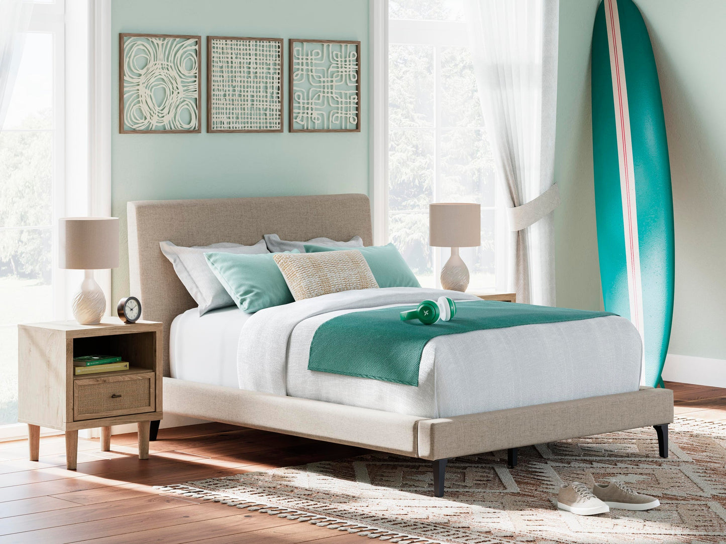 Cielden Full Upholstered Bed with Roll Slats, Dresser and Mirror