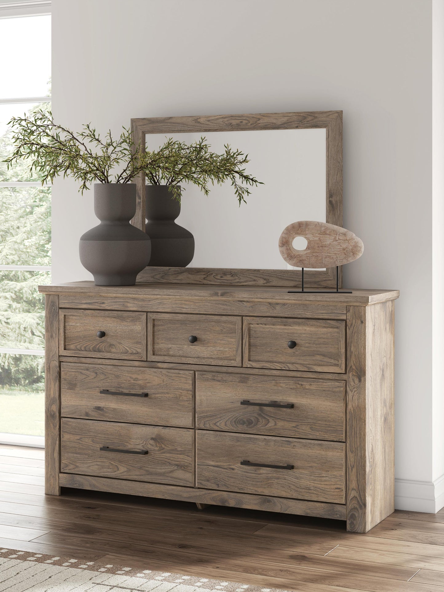 Rusticott Queen Poster Bed with Mirrored Dresser