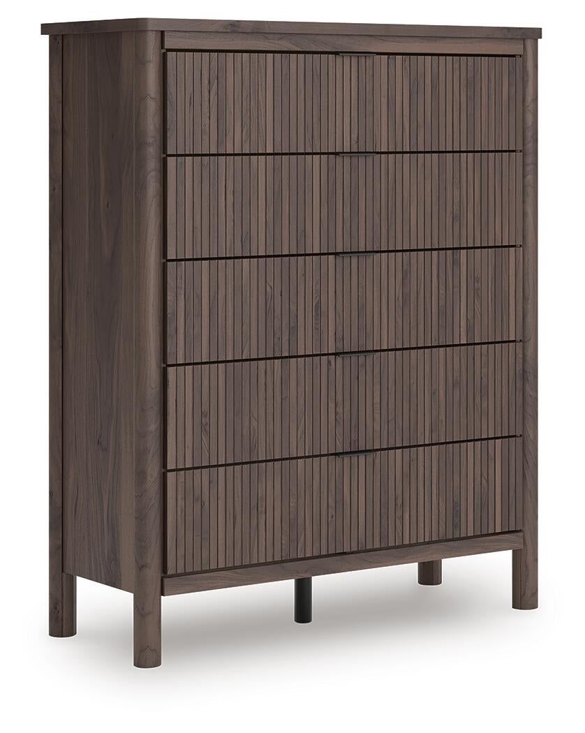 Pamytta Full Upholstered Panel Bed, Dresser, Mirror, Chest and Nightstand