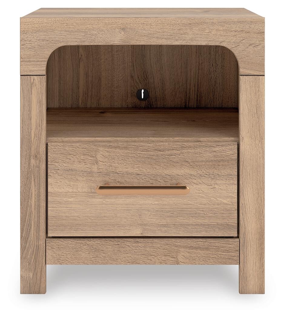 Kinlanni Queen Upholstered Panel Bed, Dresser, Mirror and Nightstand