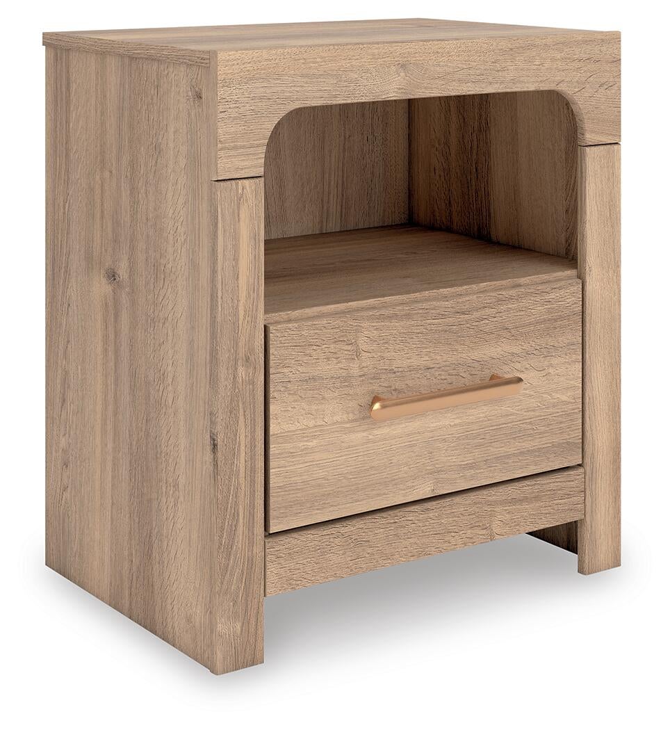Kinlanni King Upholstered Panel Bed, Dresser, Mirror and Nightstand
