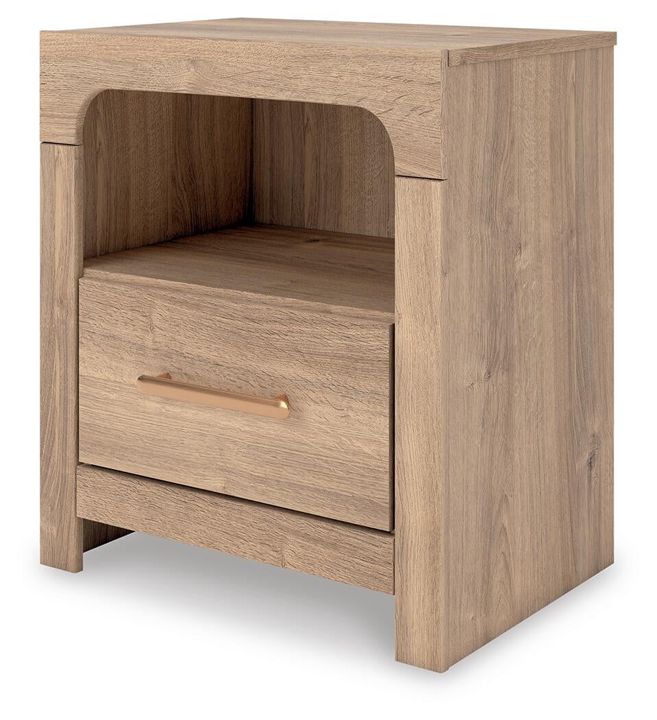 Kinlanni King Upholstered Panel Bed, Dresser, Mirror and Nightstand