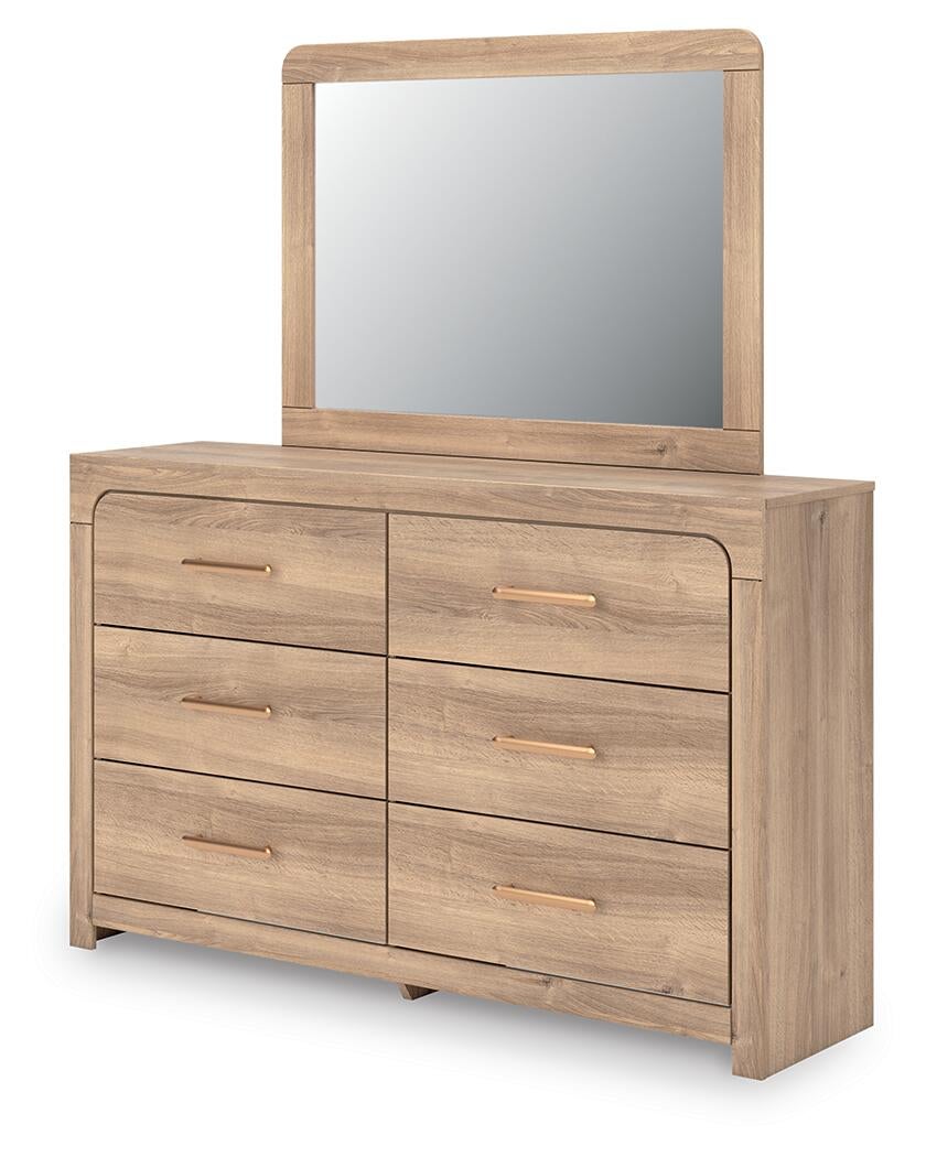Kinlanni King Upholstered Panel Bed, Dresser and Mirror