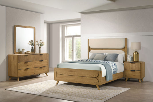 Bennett Twin Cream Upholstered 4-Piece Mid-Century Bedroom Set Light Oak