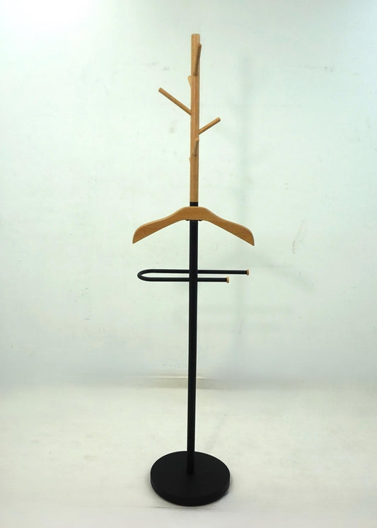 Lewis Freestanding Valet Coat Rack with Light Oak Hanger and Black Frame