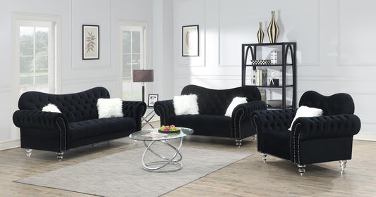 Velvet black sofa and loveseat crystal legs with white fur pillow