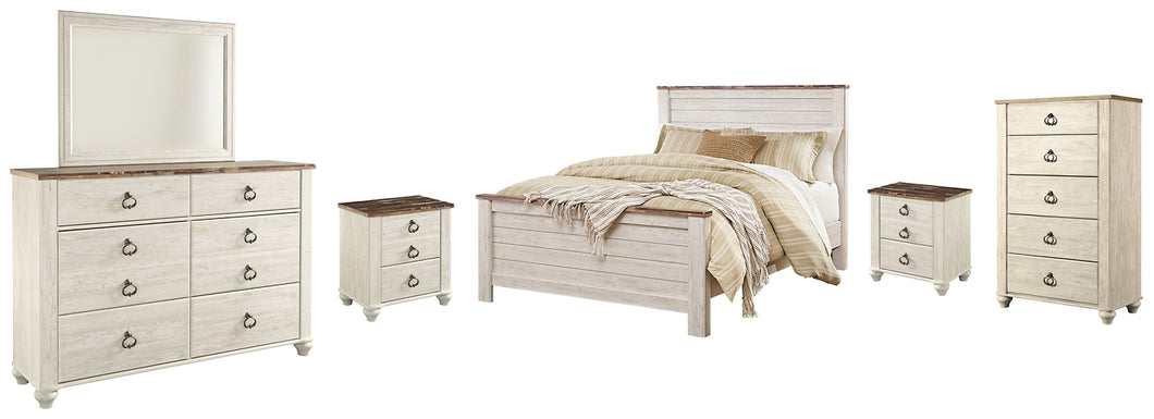 Willowton  Panel Bed With Mirrored Dresser, Chest And 2 Nightstands