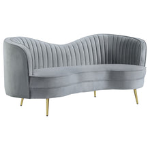 Load image into Gallery viewer, Sophia Upholstered Loveseat with Camel Back Grey and Gold

