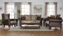 Load image into Gallery viewer, Elmbrook Upholstered Rolled Arm Sofa with Intricate Wood Carvings Brown
