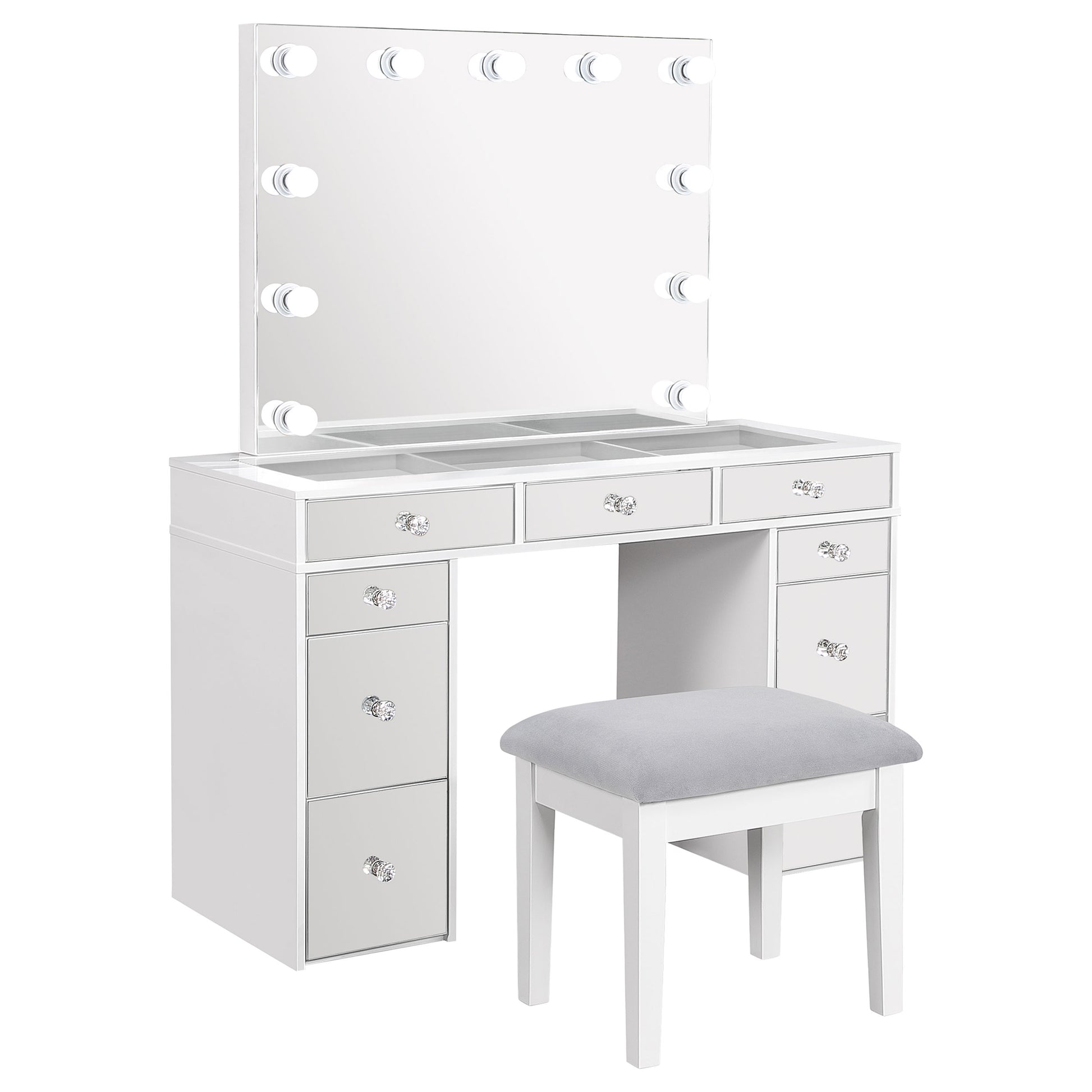 Regina 3-piece Makeup Vanity Table Set Hollywood Lighting White and Mirror Regina 3-piece Makeup Vanity Table Set Hollywood Lighting White and Mirror